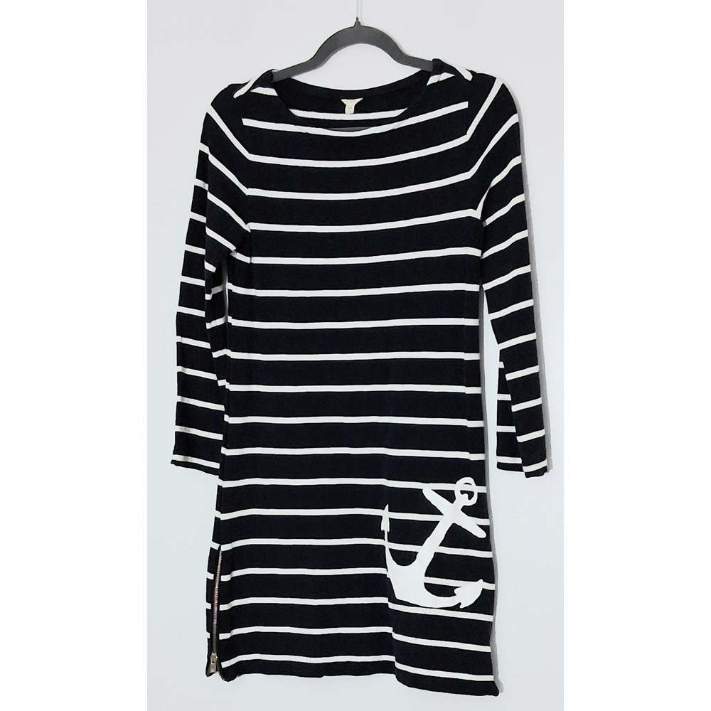 J Crew‎ Dress Size XXS Navy Blue & White Striped* Anchor Long Sleeve Zipper Hems
